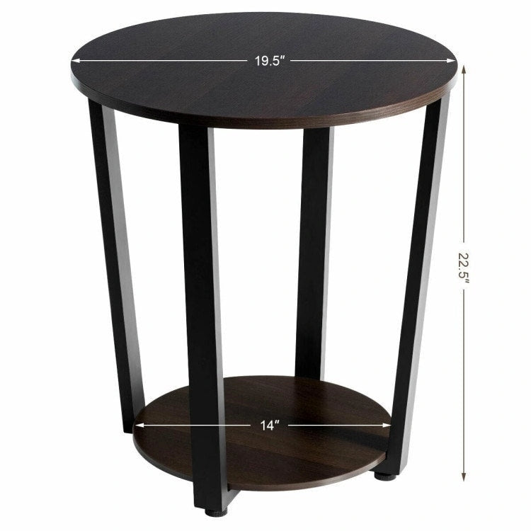 Table d'appoint ronde à 2 niveaux avec étagère de rangement et cadre en métal