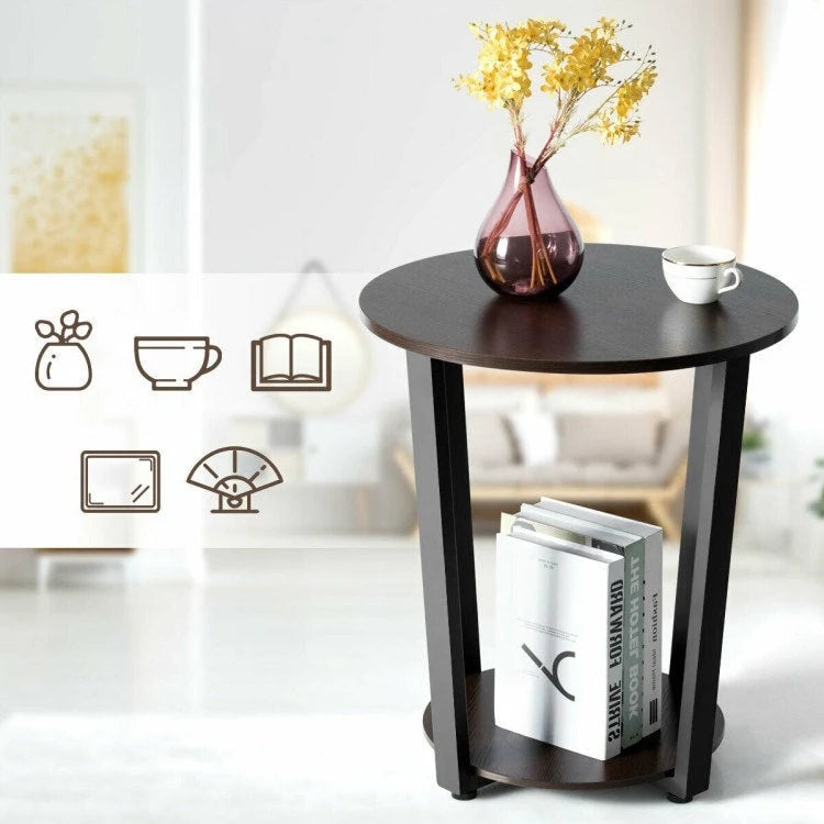 Table d'appoint ronde à 2 niveaux avec étagère de rangement et cadre en métal