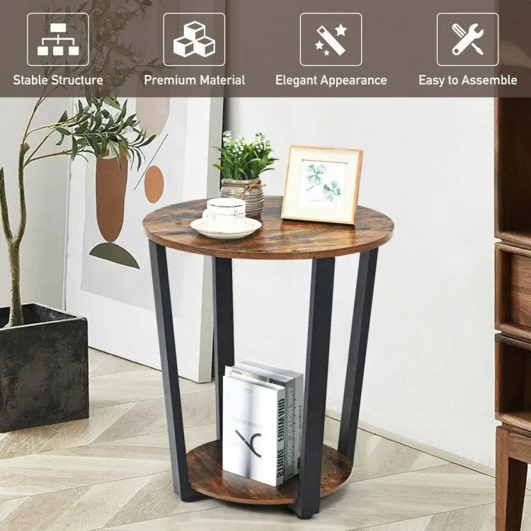 Table d'appoint ronde à 2 niveaux avec étagère de rangement et cadre en métal