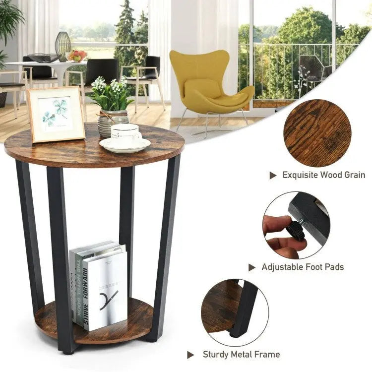 Table d'appoint ronde à 2 niveaux avec étagère de rangement et cadre en métal