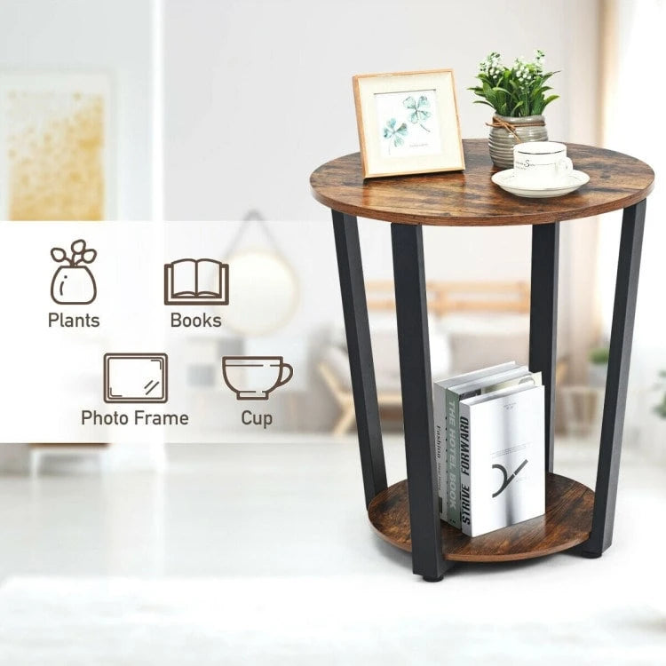Table d'appoint ronde à 2 niveaux avec étagère de rangement et cadre en métal