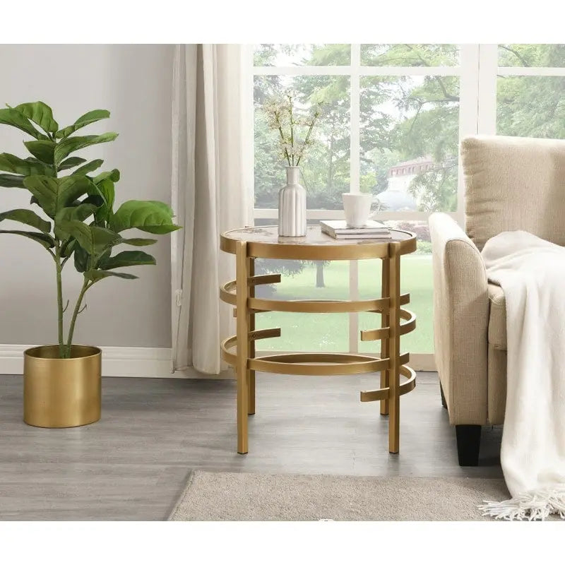 Table d'appoint Grondin 20.67" à plateau rond en pierre frittée avec piétement en métal, table d'appoint de style moderne avec patins antidérapants