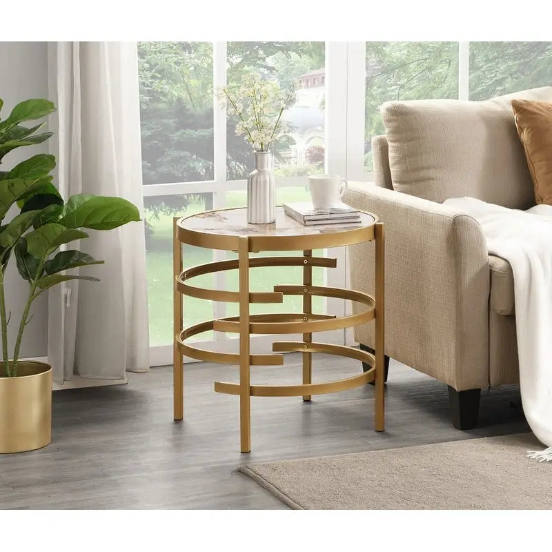 Table d'appoint Grondin 20.67" à plateau rond en pierre frittée avec piétement en métal, table d'appoint de style moderne avec patins antidérapants