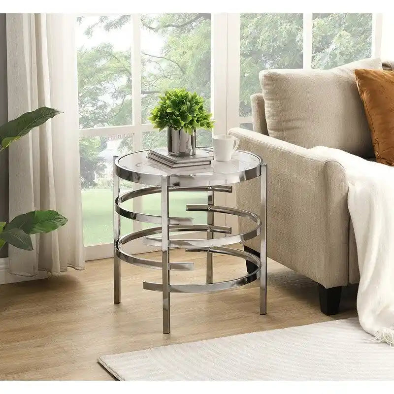 Table d'appoint Grondin 20.67" à plateau rond en pierre frittée avec piétement en métal, table d'appoint de style moderne avec patins antidérapants