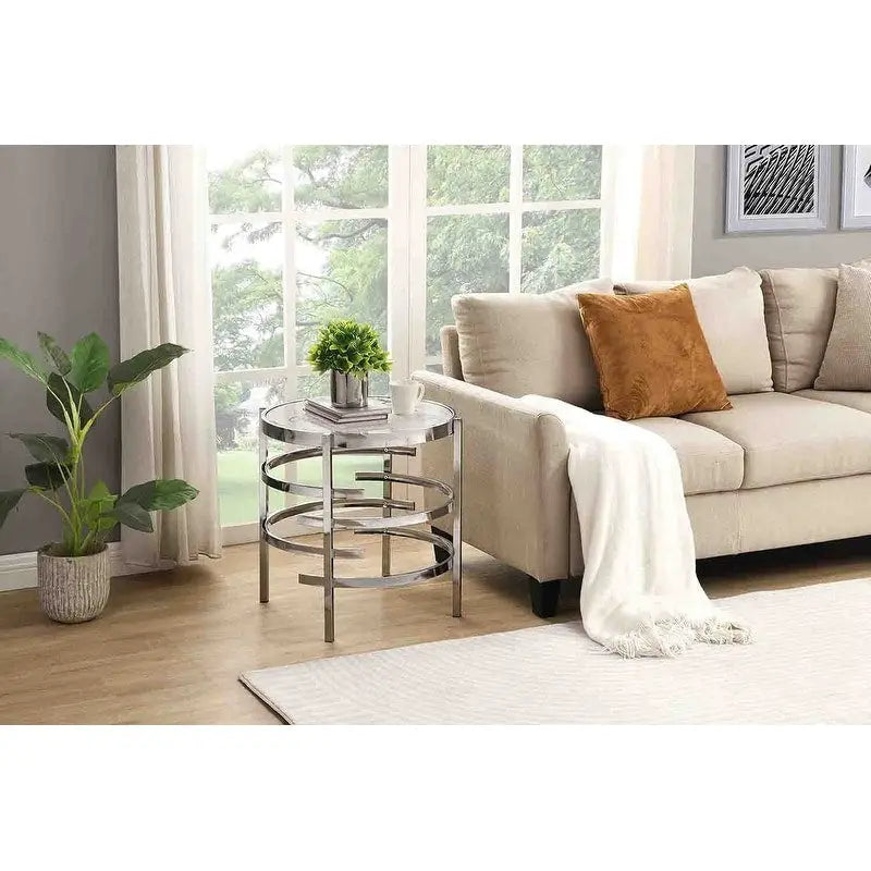 Table d'appoint Grondin 20.67" à plateau rond en pierre frittée avec piétement en métal, table d'appoint de style moderne avec patins antidérapants