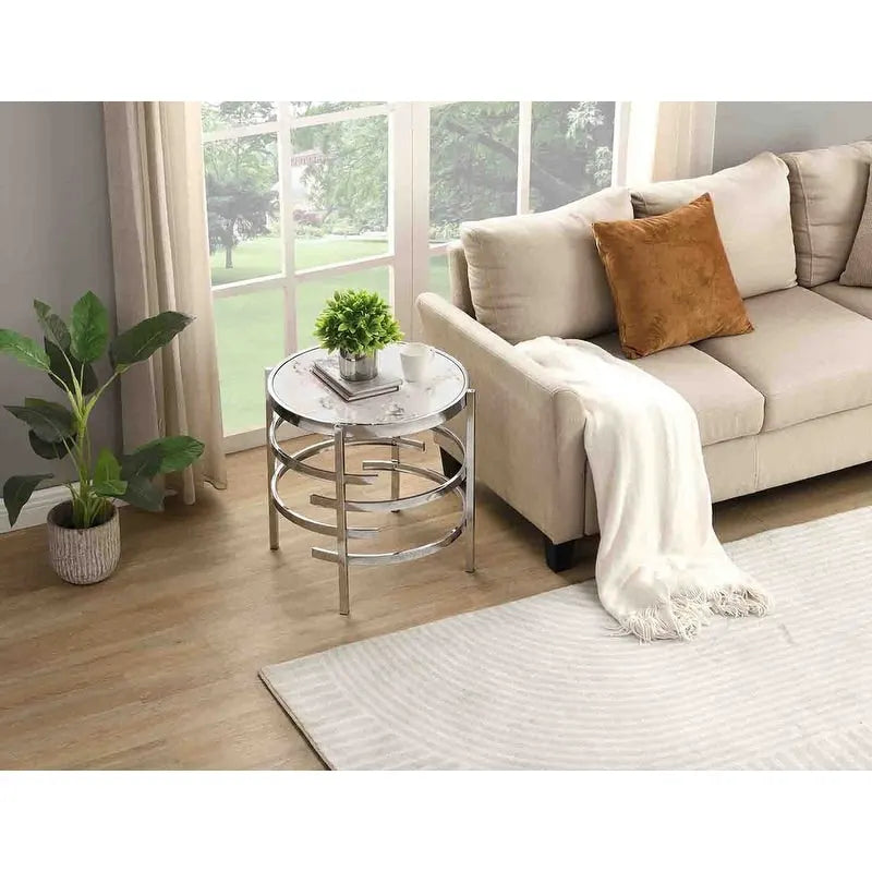 Table d'appoint Grondin 20.67" à plateau rond en pierre frittée avec piétement en métal, table d'appoint de style moderne avec patins antidérapants