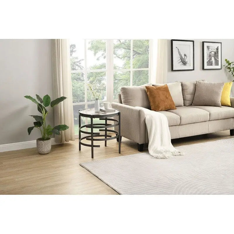 Table d'appoint Grondin 20.67" à plateau rond en pierre frittée avec piétement en métal, table d'appoint de style moderne avec patins antidérapants