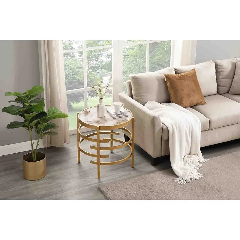 Table d'appoint Grondin 20.67" à plateau rond en pierre frittée avec piétement en métal, table d'appoint de style moderne avec patins antidérapants