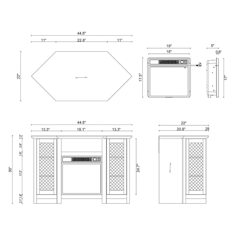 Meuble TV de 113,8 cm avec cheminée électrique de 45,7 cm et étagères - N/A