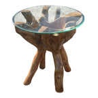 Table d'appoint Chic Teak en bois de racine de teck rustique avec plateau en verre rond de 24 pouces