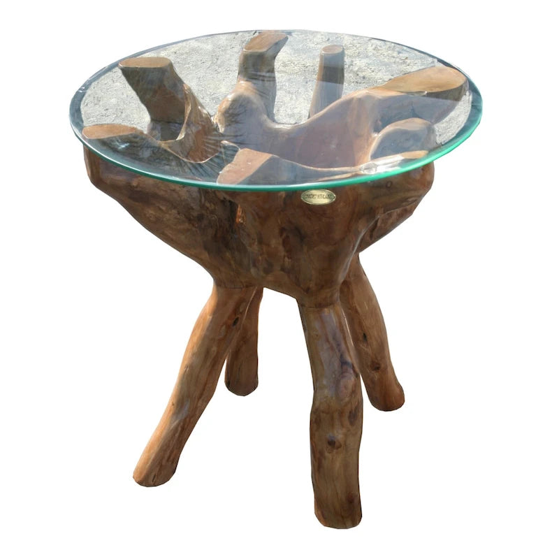 Table d'appoint Chic Teak en bois de racine de teck rustique avec plateau en verre rond de 24 pouces