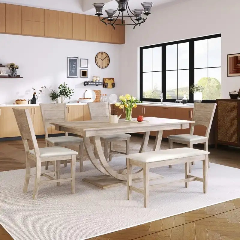 Ensemble de salle à manger 6 pièces demi-rond en bois avec longue banquette et 4 chaises de salle à manger, style moderne