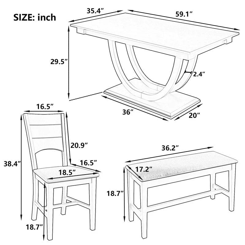 Ensemble de salle à manger 6 pièces demi-rond en bois avec longue banquette et 4 chaises de salle à manger, style moderne