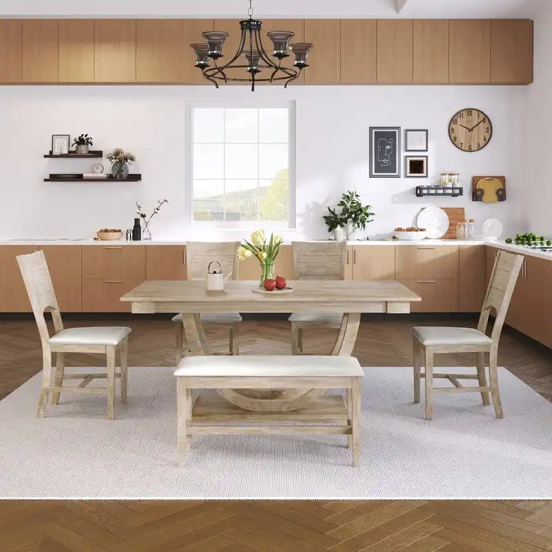 Ensemble de salle à manger 6 pièces demi-rond en bois avec longue banquette et 4 chaises de salle à manger, style moderne
