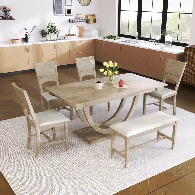 Ensemble de salle à manger 6 pièces demi-rond en bois avec longue banquette et 4 chaises de salle à manger, style moderne
