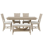Ensemble de salle à manger 6 pièces demi-rond en bois avec longue banquette et 4 chaises de salle à manger, style moderne