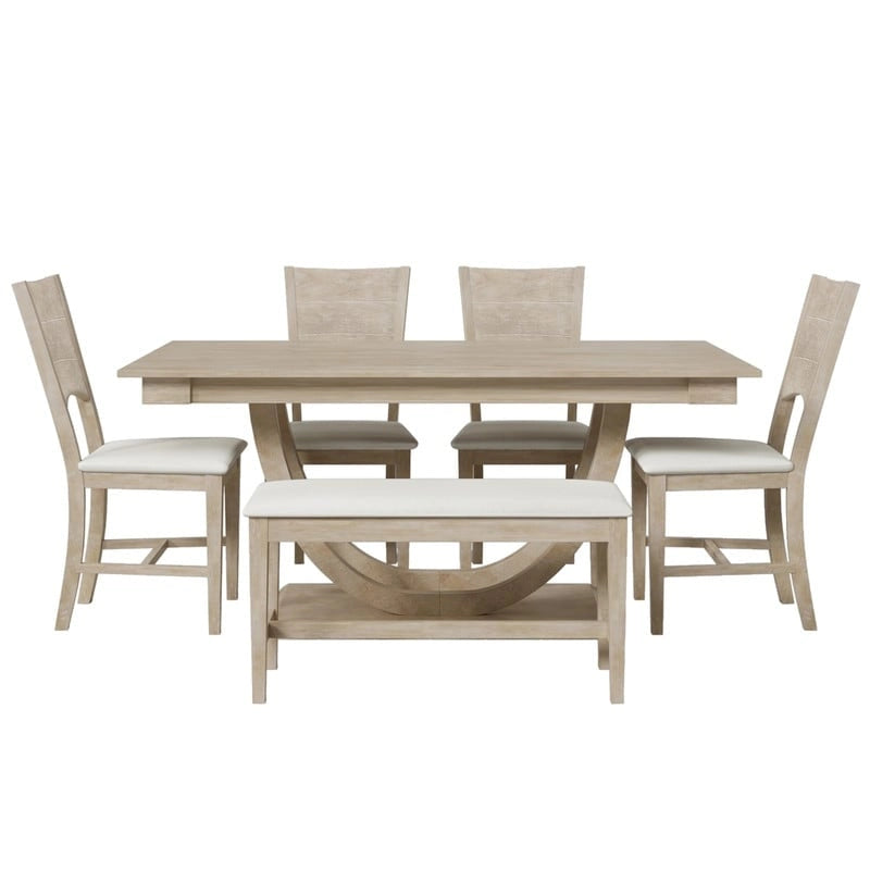 Ensemble de salle à manger 6 pièces demi-rond en bois avec longue banquette et 4 chaises de salle à manger, style moderne