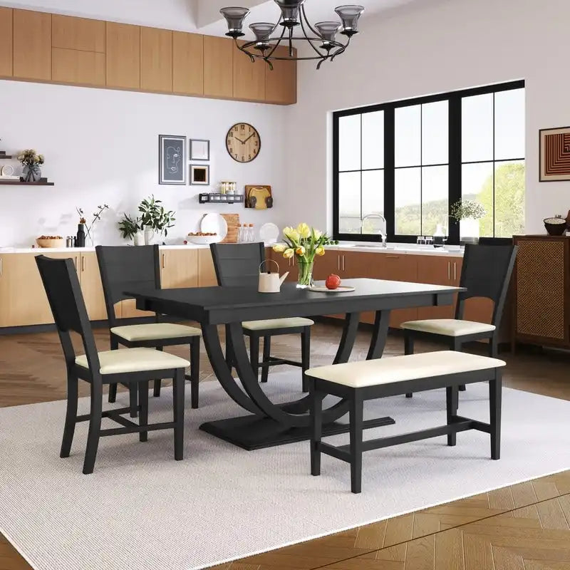 Ensemble de salle à manger 6 pièces demi-rond en bois avec longue banquette et 4 chaises de salle à manger, style moderne