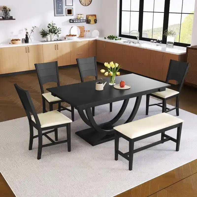 Ensemble de salle à manger 6 pièces demi-rond en bois avec longue banquette et 4 chaises de salle à manger, style moderne