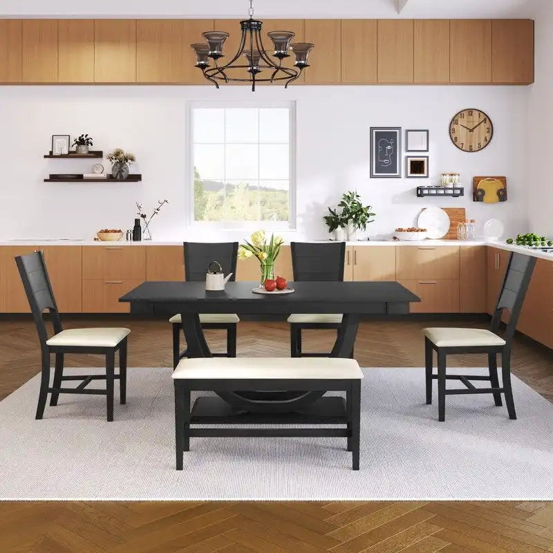 Ensemble de salle à manger 6 pièces demi-rond en bois avec longue banquette et 4 chaises de salle à manger, style moderne