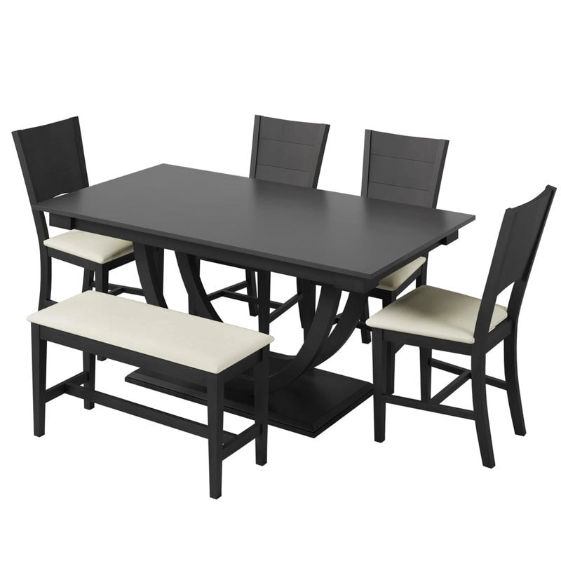Ensemble de salle à manger 6 pièces demi-rond en bois avec longue banquette et 4 chaises de salle à manger, style moderne