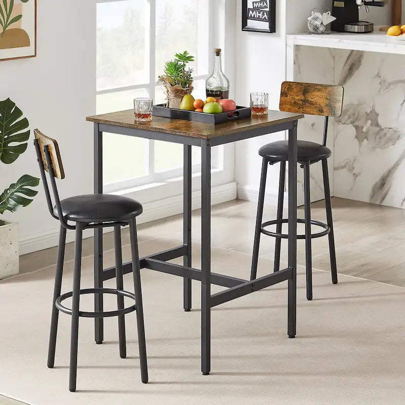 Ensemble table de bar et 2 tabourets de bar Mieres, style industriel, rustique, 3 pièces, pour cuisine, salle à manger