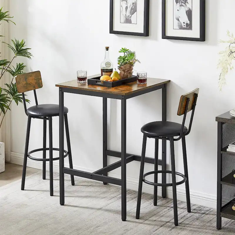 Ensemble table de bar et 2 tabourets de bar Mieres, style industriel, rustique, 3 pièces, pour cuisine, salle à manger