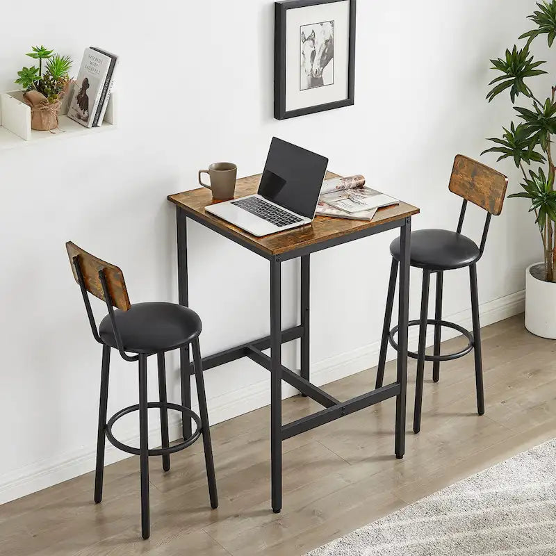 Ensemble table de bar et 2 tabourets de bar Mieres, style industriel, rustique, 3 pièces, pour cuisine, salle à manger