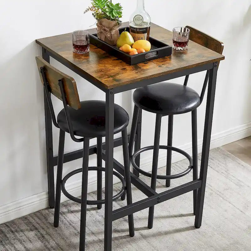 Ensemble table de bar et 2 tabourets de bar Mieres, style industriel, rustique, 3 pièces, pour cuisine, salle à manger
