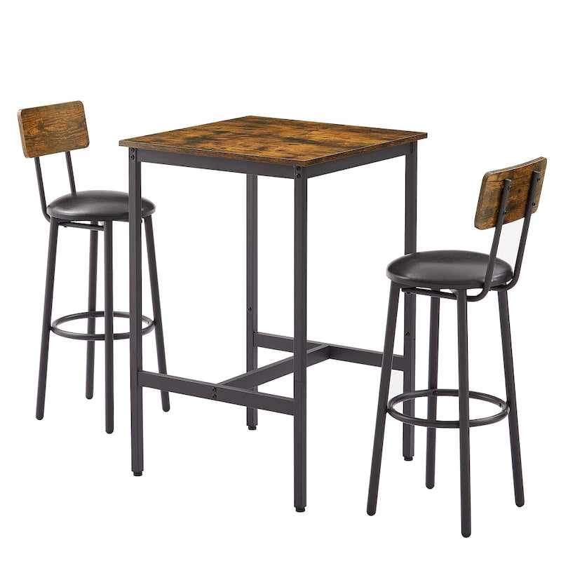 Ensemble table de bar et 2 tabourets de bar Mieres, style industriel, rustique, 3 pièces, pour cuisine, salle à manger