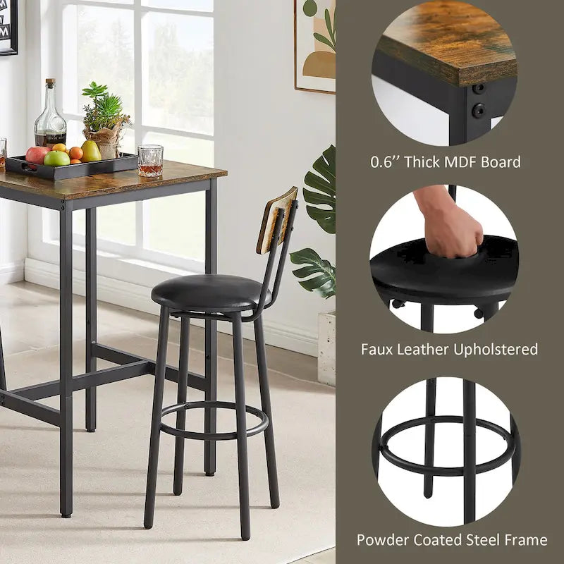 Ensemble table de bar et 2 tabourets de bar Mieres, style industriel, rustique, 3 pièces, pour cuisine, salle à manger