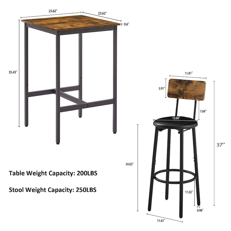 Ensemble table de bar et 2 tabourets de bar Mieres, style industriel, rustique, 3 pièces, pour cuisine, salle à manger