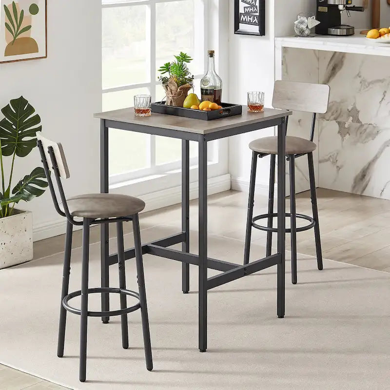 Ensemble table de bar et 2 tabourets de bar Mieres, style industriel, rustique, 3 pièces, pour cuisine, salle à manger