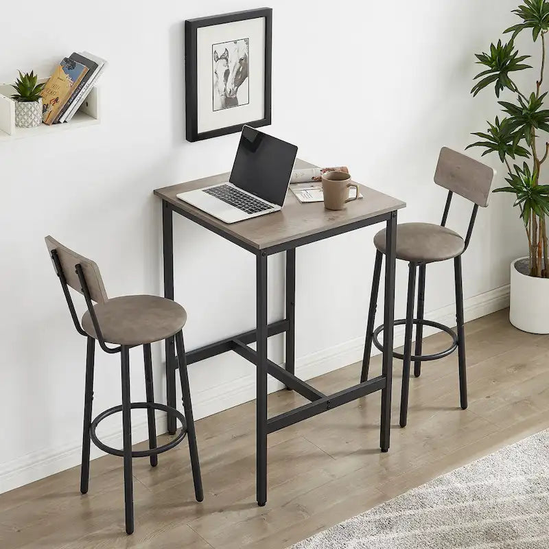 Ensemble table de bar et 2 tabourets de bar Mieres, style industriel, rustique, 3 pièces, pour cuisine, salle à manger