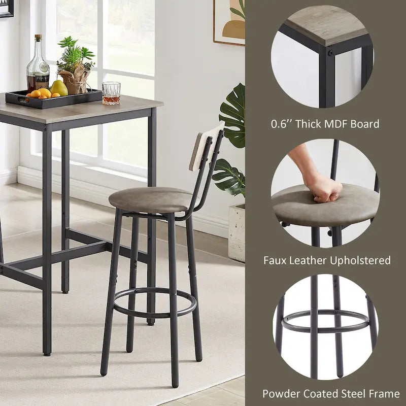 Ensemble table de bar et 2 tabourets de bar Mieres, style industriel, rustique, 3 pièces, pour cuisine, salle à manger