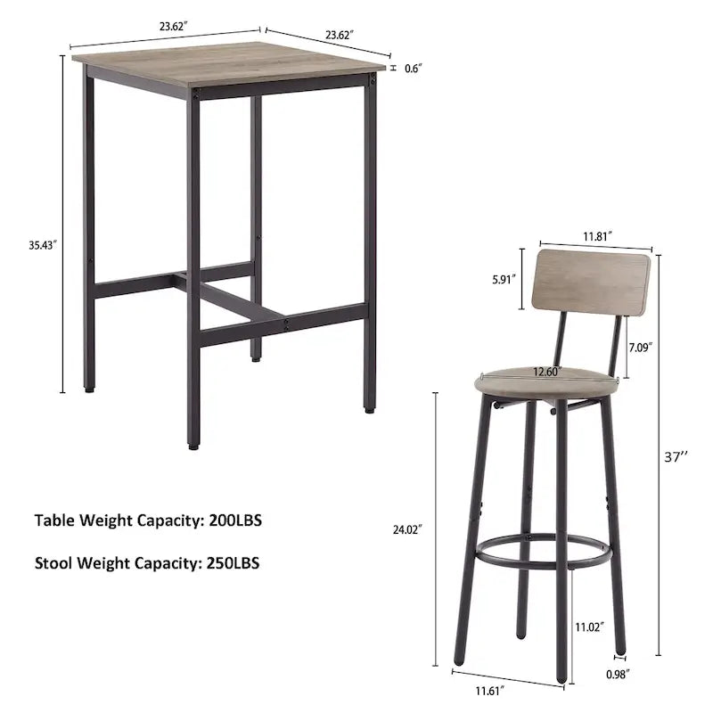 Ensemble table de bar et 2 tabourets de bar Mieres, style industriel, rustique, 3 pièces, pour cuisine, salle à manger