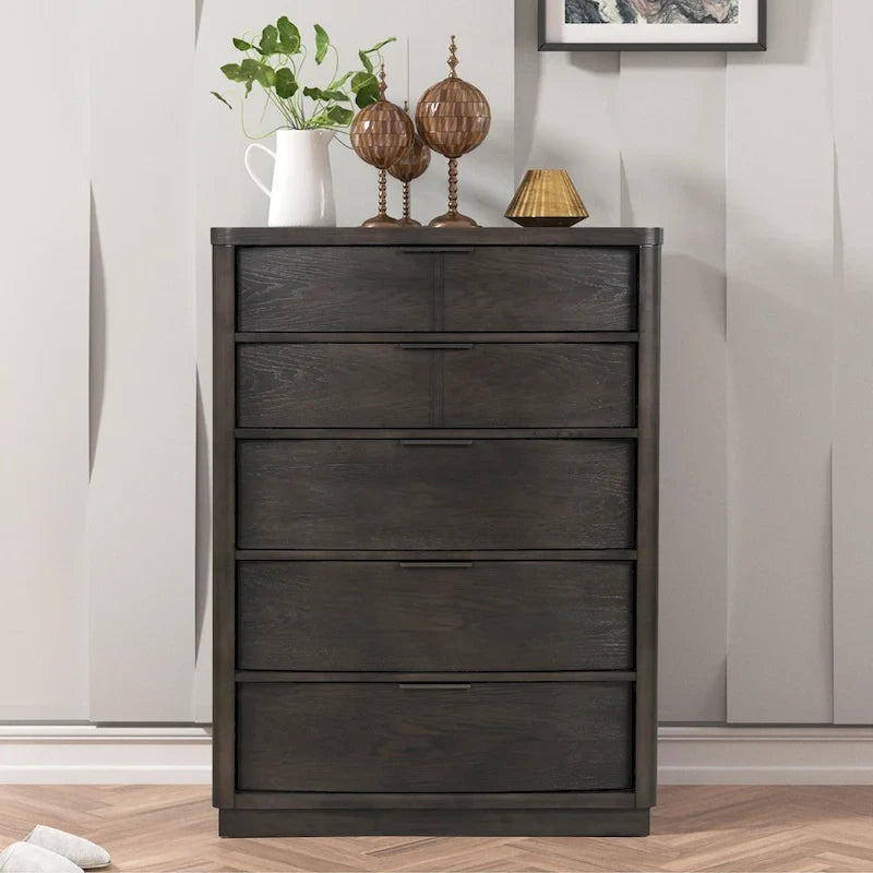 Ensemble de lit à panneaux en bois Belani de Roundhill Furniture, lit, commode, miroir, deux tables de chevet et chiffonnier, espresso