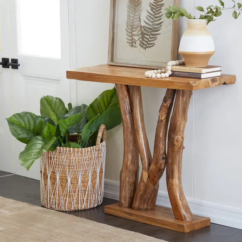 Console en bois de teck à bords irréguliers, tronc d'arbre - Marron - Décor Roche River - 14L x 35P x 32H