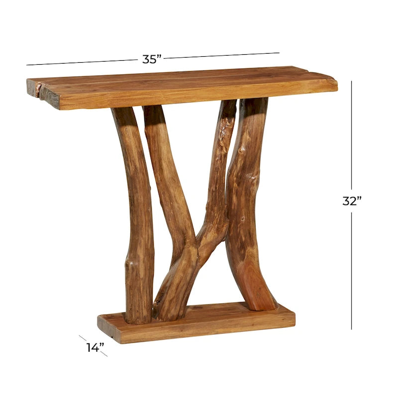 Console en bois de teck à bords irréguliers, tronc d'arbre - Marron - Décor Roche River - 14L x 35P x 32H