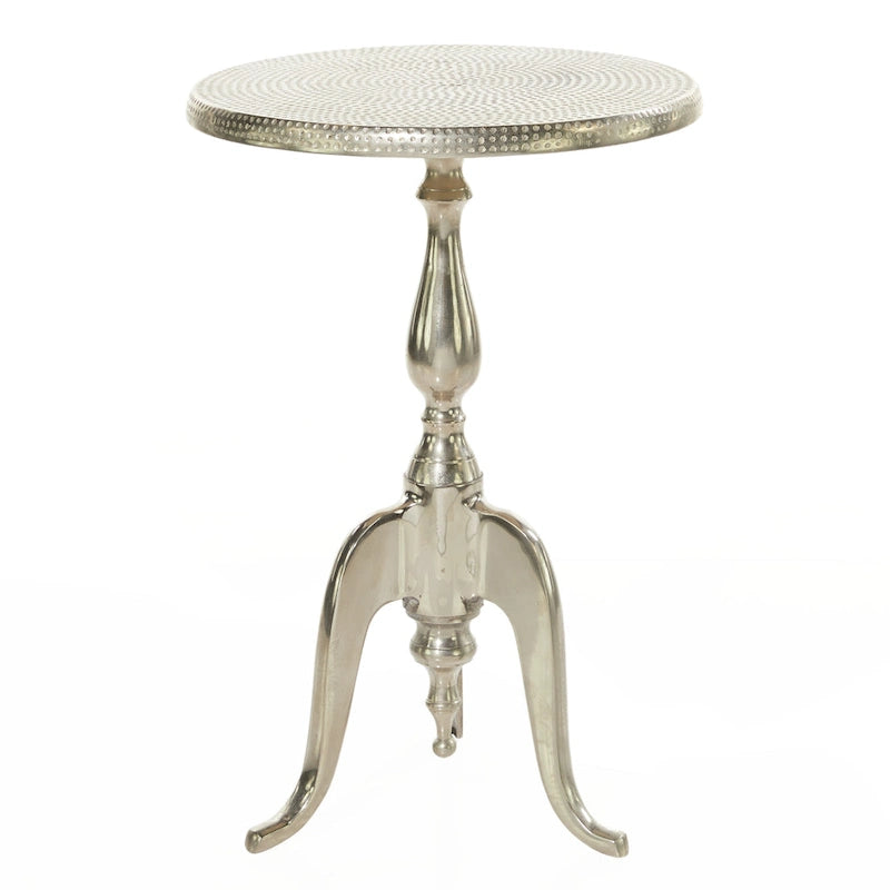 Petite table d'appoint tourbillonnée en aluminium avec plateau martelé et pieds à volutes – Argent – Roche River Decor – 15 larg. x 15 long. x 22 haut.