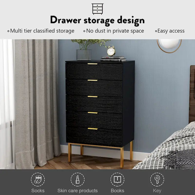 Commode de rangement à 5 tiroirs, Unité de rangement pour chambre à coucher, Chiffonnier