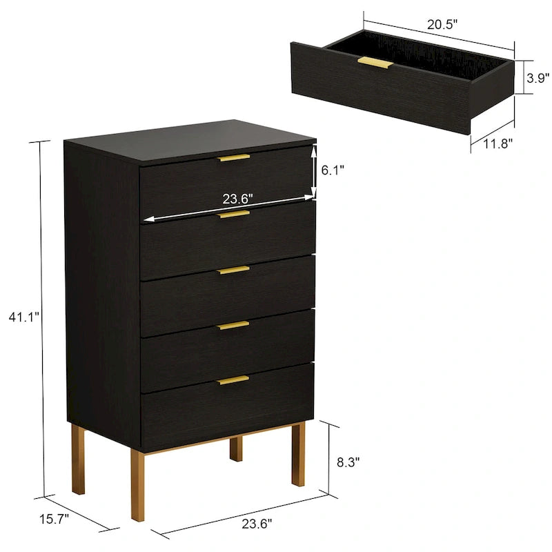 Commode de rangement à 5 tiroirs, Unité de rangement pour chambre à coucher, Chiffonnier