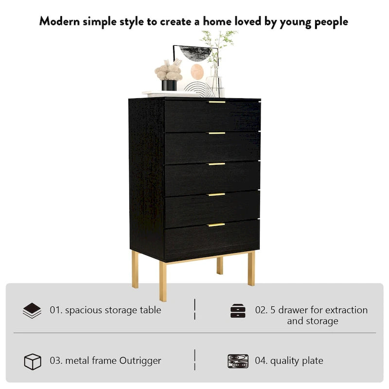 Commode de rangement à 5 tiroirs, Unité de rangement pour chambre à coucher, Chiffonnier