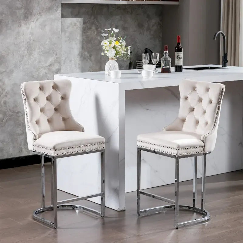 Tabourets de bar modernes en velours de 26 po, chaises d'îlot de cuisine hauteur comptoir, ensemble de 2