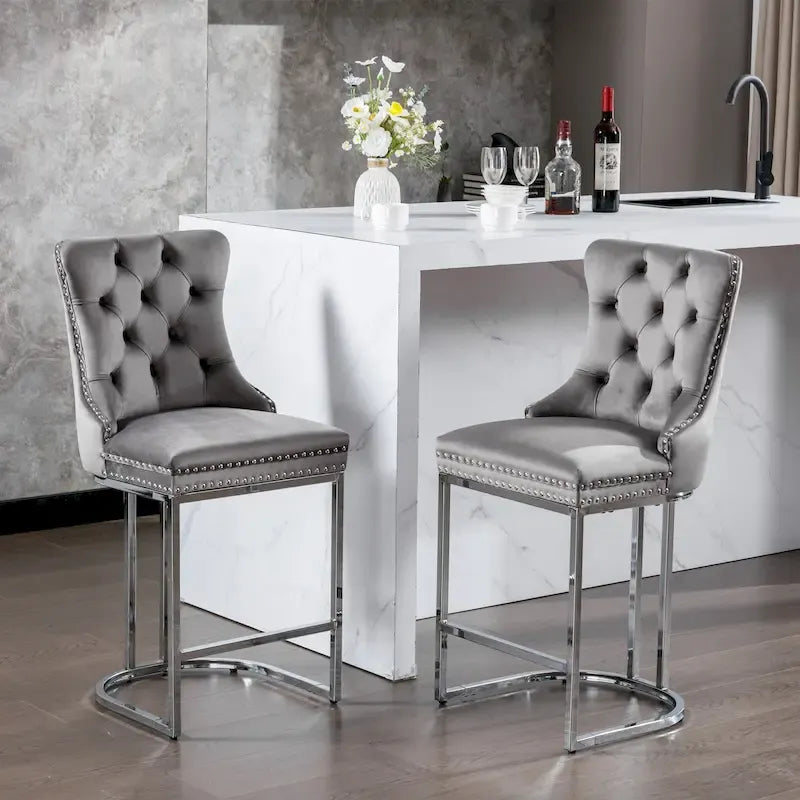 Tabourets de bar modernes en velours de 26 po, chaises d'îlot de cuisine hauteur comptoir, ensemble de 2