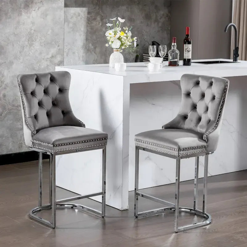 Tabourets de bar modernes en velours de 26 po, chaises d'îlot de cuisine hauteur comptoir, ensemble de 2