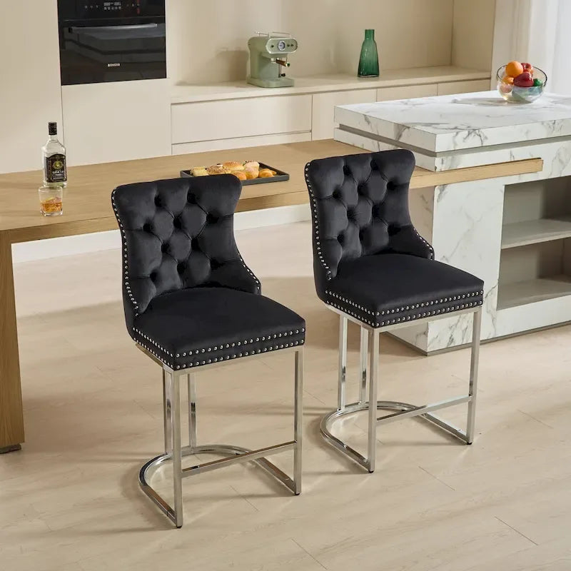 Tabourets de bar modernes en velours de 26 po, chaises d'îlot de cuisine hauteur comptoir, ensemble de 2