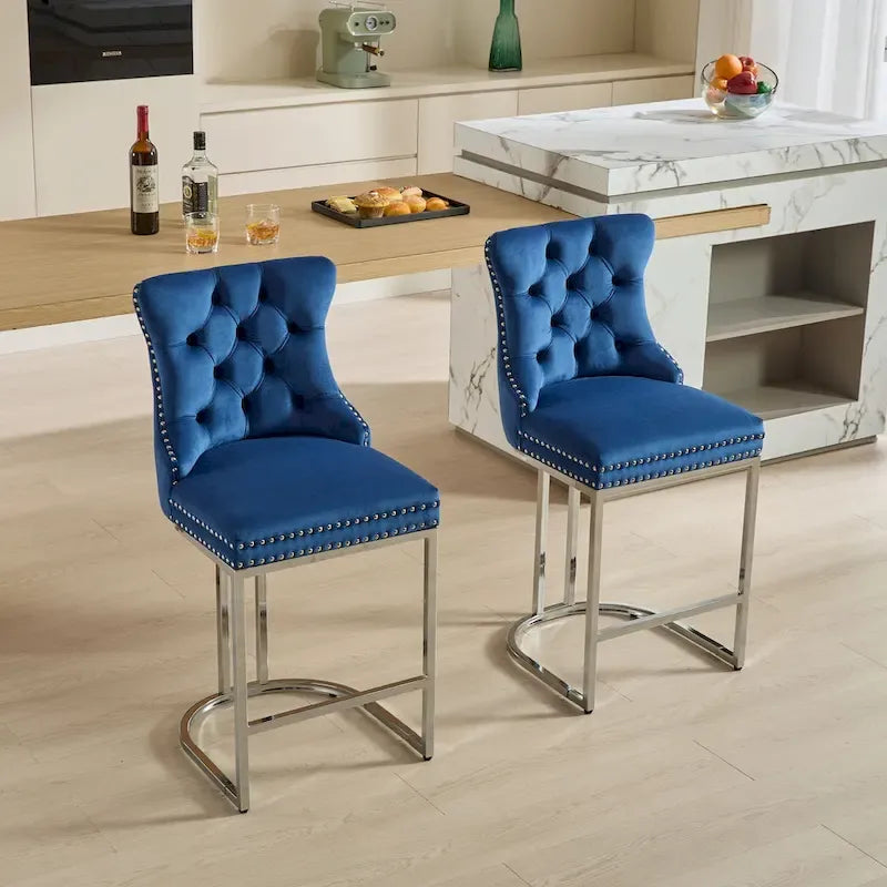 Tabourets de bar modernes en velours de 26 po, chaises d'îlot de cuisine hauteur comptoir, ensemble de 2