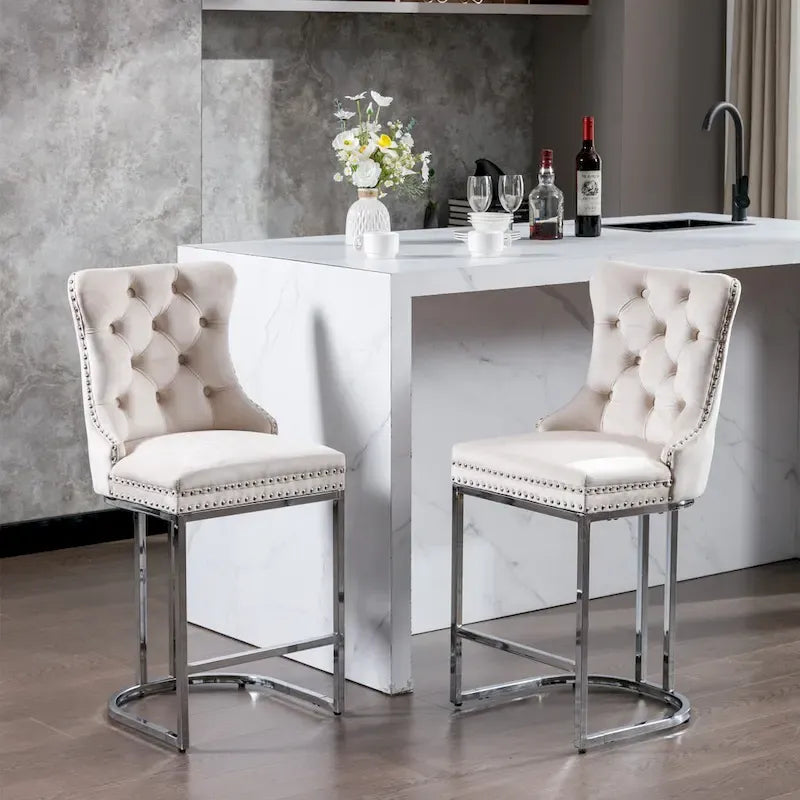 Tabourets de bar modernes en velours de 26 po, chaises d'îlot de cuisine hauteur comptoir, ensemble de 2