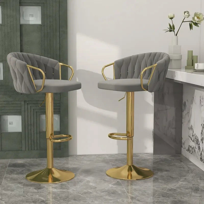 Tabouret de bar pivotant en velours, lot de 2, coloris gris / ivoire / camel / bleu marine / noir / vert foncé